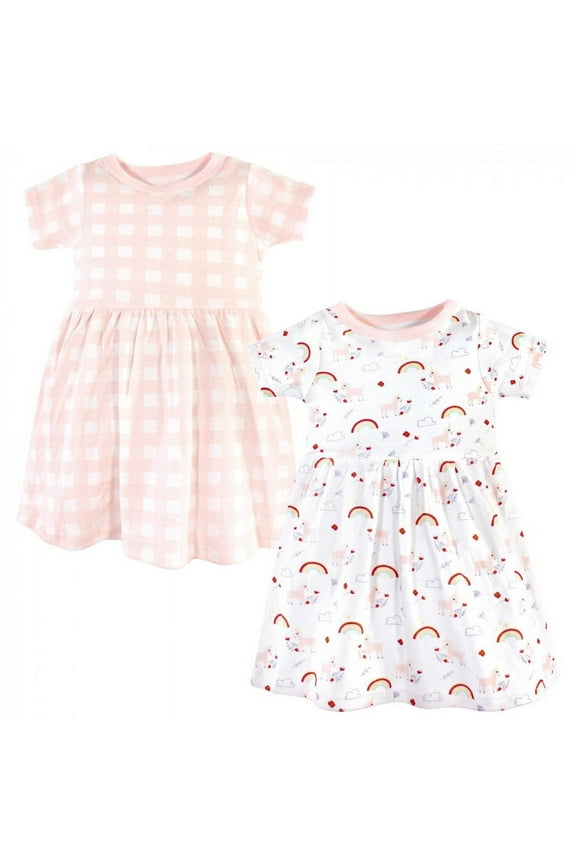 Baby and Toddler Girl Cotton Short-Sleeve Dresses 2pk, Unicorn, 5 Toddler