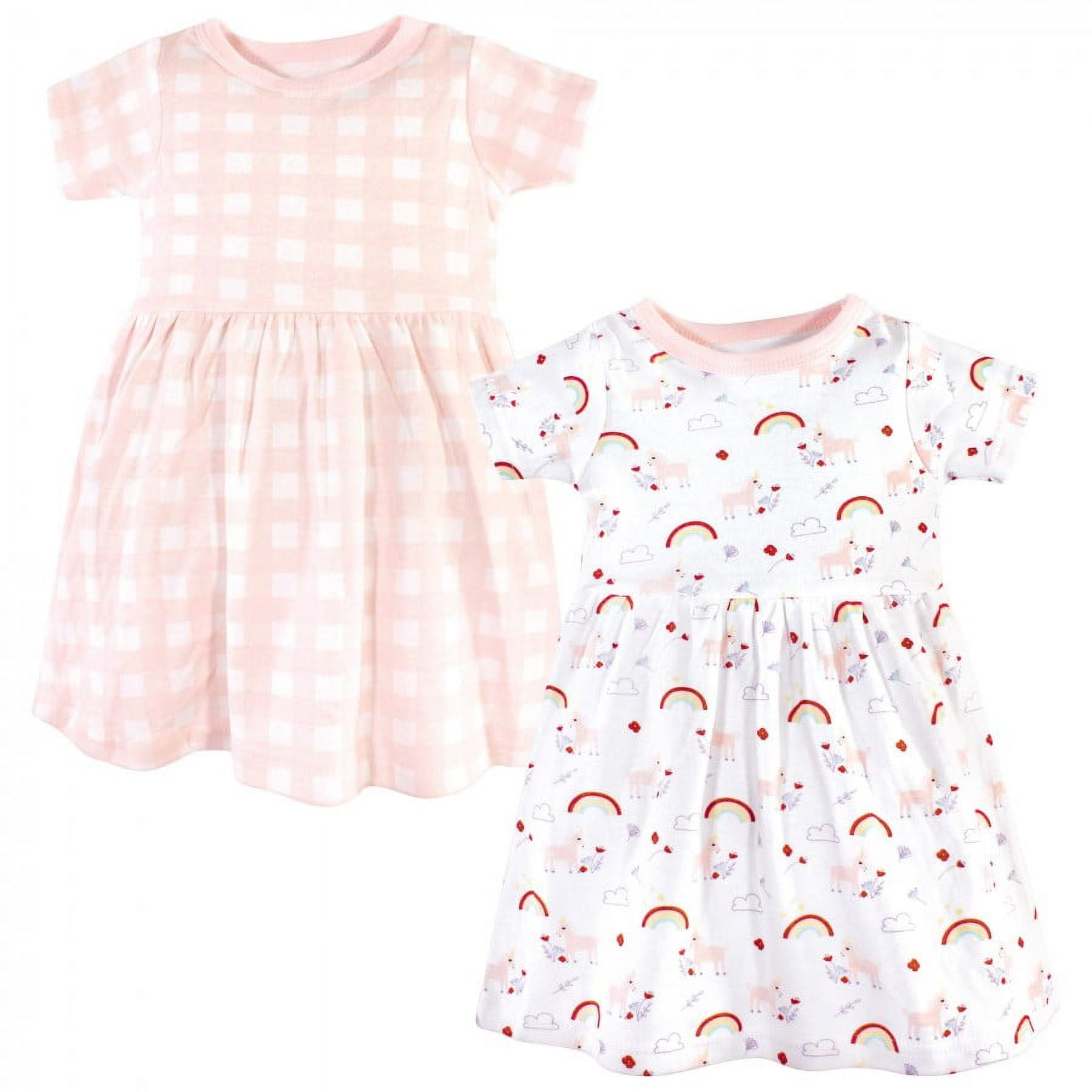 Luvable Friends Baby and Toddler Girl Cotton Short-Sleeve Dresses 2pk, Unicorn, 6-9 Months