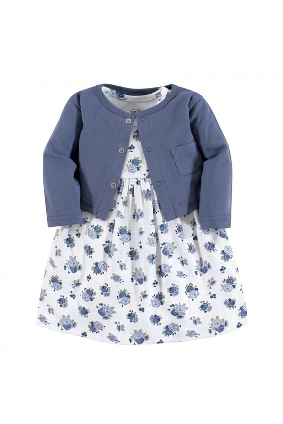 Baby and Toddler Girl Dress and Cardigan 2pc Set, Blue Floral, 4 Toddler