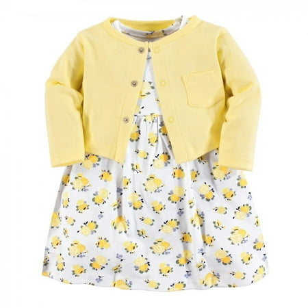 Luvable Friends Baby and Toddler Girl Dress and Cardigan 2pc Set, Yellow Floral, 2 Toddler