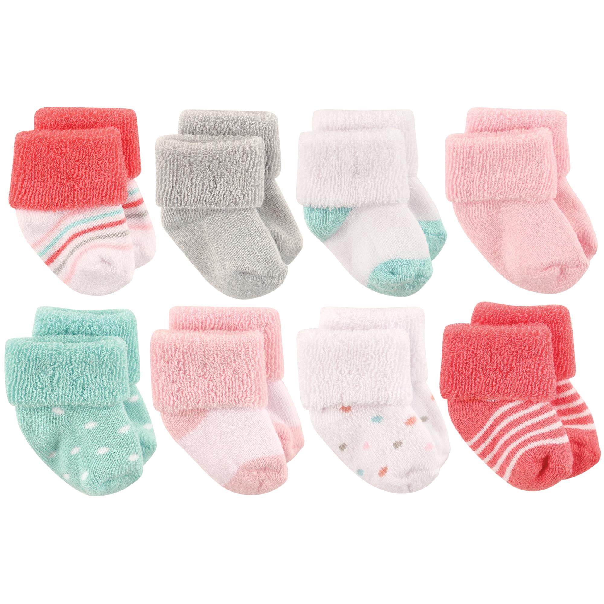 Luvable Friends Basics Infant Baby Cozy Terry Socks 8-Pack, Blush Dot Delight, 6-12 Months