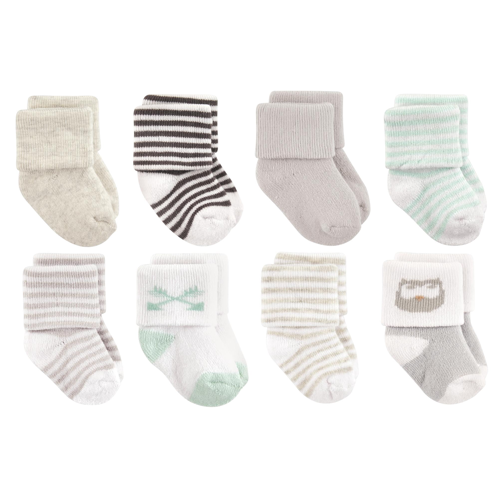 Luvable Friends Basics Infant Baby Cozy Terry Socks 8-Pack, Forest Friends Owls, 0-6 Months