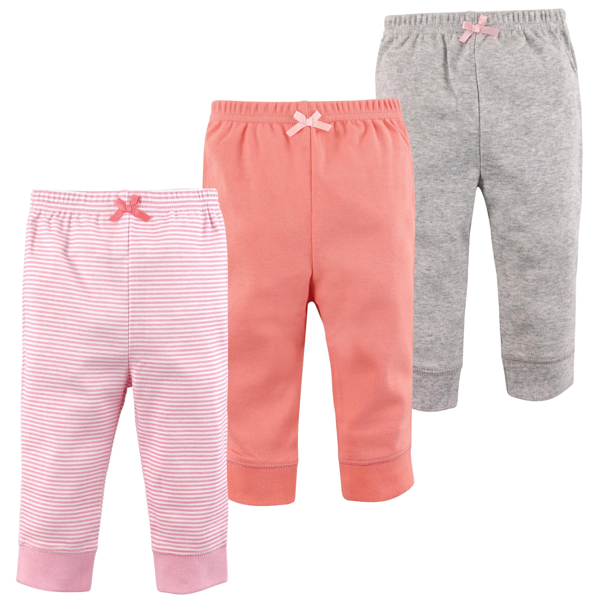 Luvable Friends Basics Infant Baby Everyday Cotton Pants 3-Pack, Blush Blossom Stripes, 6-9 Months