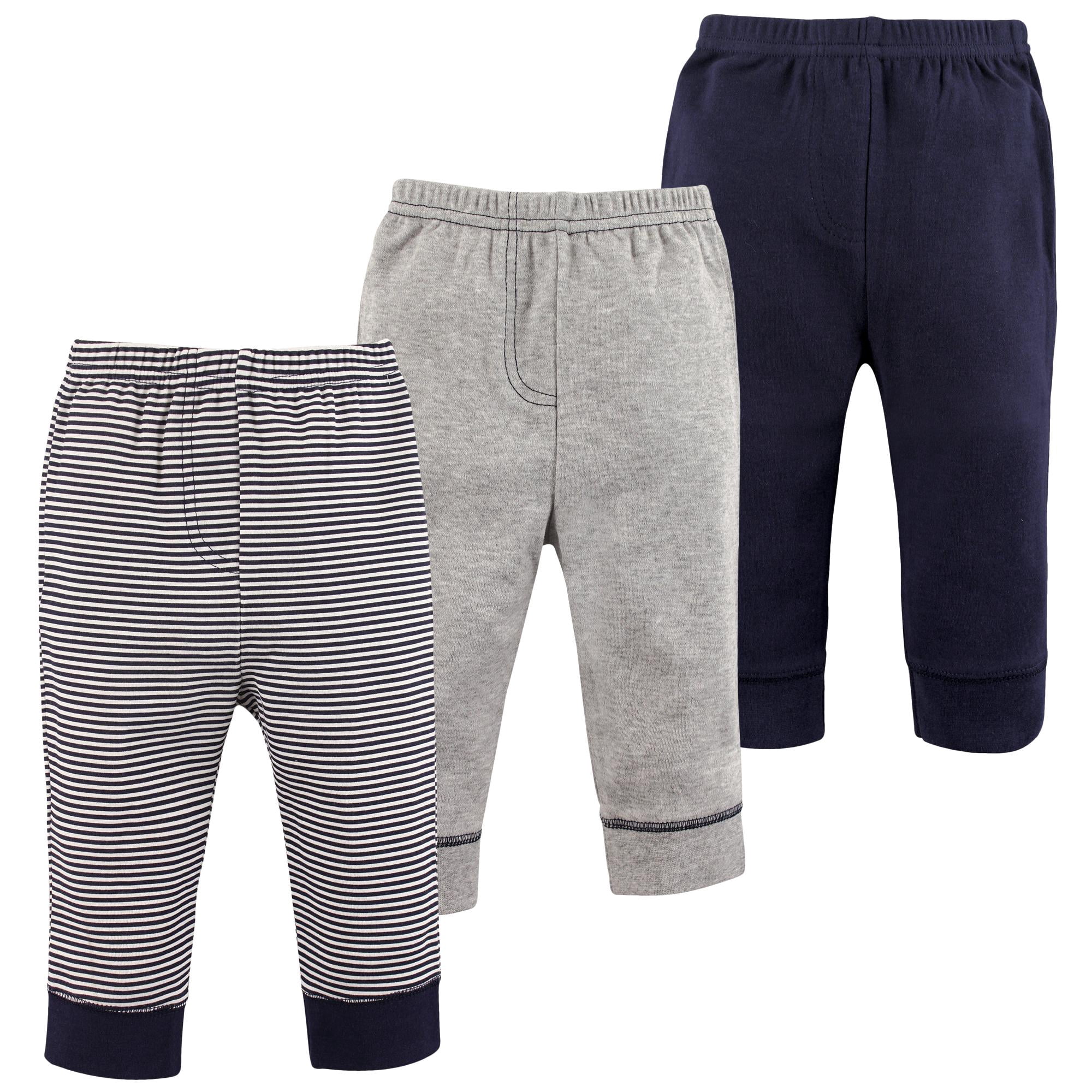 Luvable Friends Basics Infant Baby Everyday Cotton Pants 3-Pack, Oceanic Gray Bands, 0-3 Months