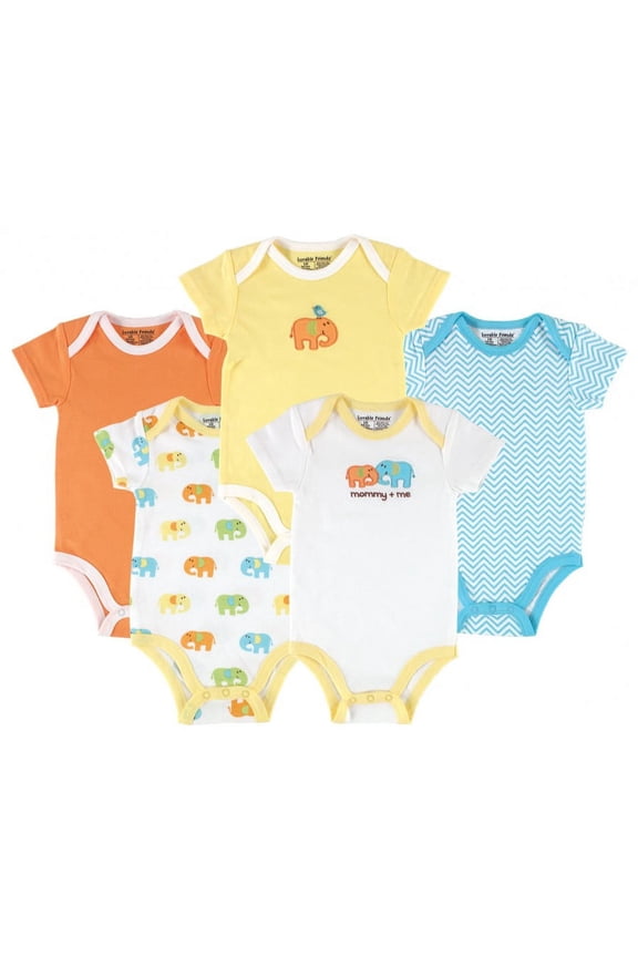 Cotton Bodysuits 5pk, Yellow Elephant, 0-3 Months