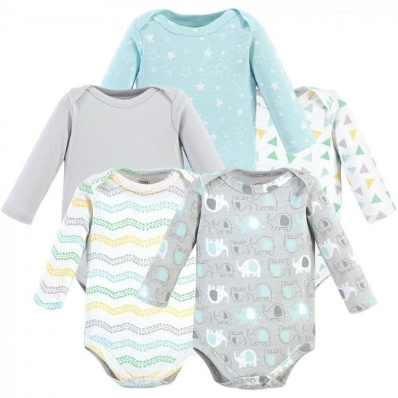 Luvable Friends Cotton Long-Sleeve Bodysuits 5pk, Basic Elephant, 18-24 Months