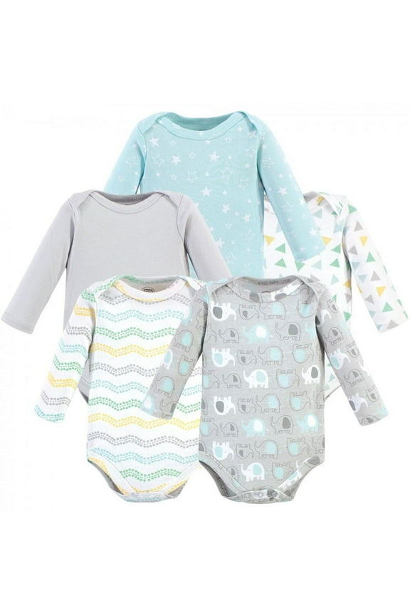 Cotton Long-Sleeve Bodysuits 5pk, Basic Elephant, 3-6 Months