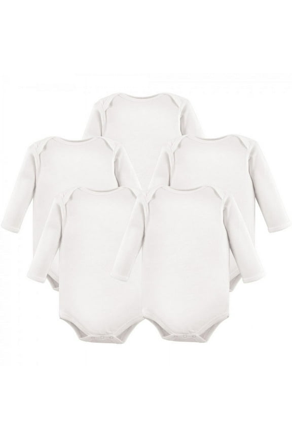 Cotton Long-Sleeve Bodysuits 5pk, White, 12-18 Months