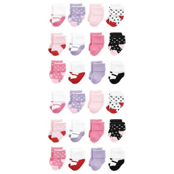 Luvable Friends Cotton Rich Baby Terry Socks 24-Pack, Coral Lilac Mary Janes, 0-6 Months