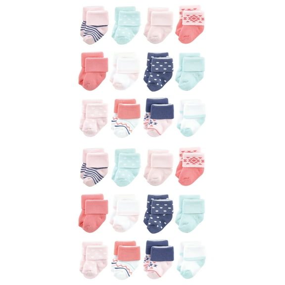 Luvable Friends Cotton Rich Baby Terry Socks 24-Pack, Coral Mint Stripe, 0-6 Months