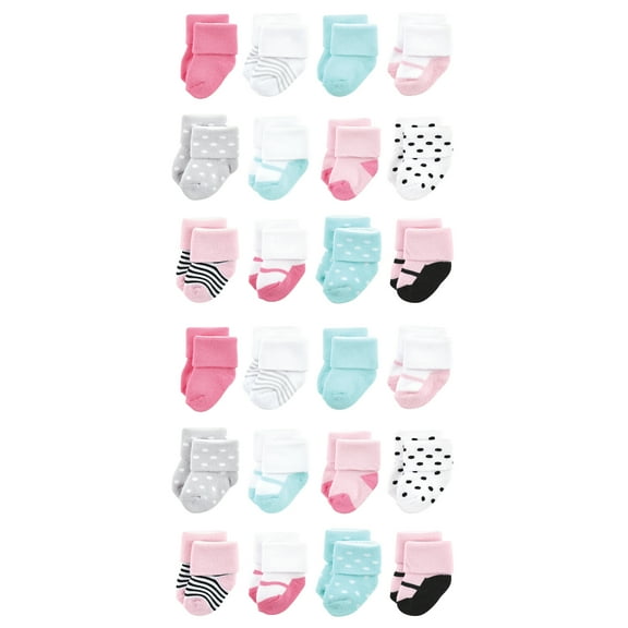 Luvable Friends Cotton Rich Baby Terry Socks 24-Pack, Mint Pink Mary Janes, 0-6 Months