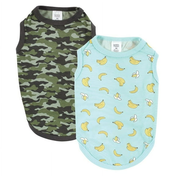 Luvable Friends Dog Pet Dog and Cats Cotton T-Shirts 2pk, Banana Camo, X-Small