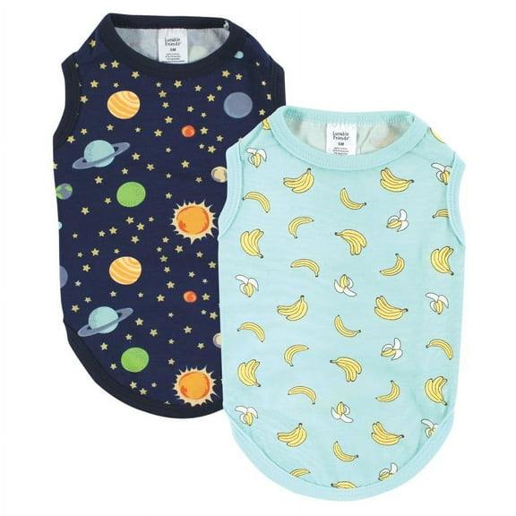 Luvable Friends Dog Pet Dog and Cats Cotton T-Shirts 2pk, Bananas Space, X-Small