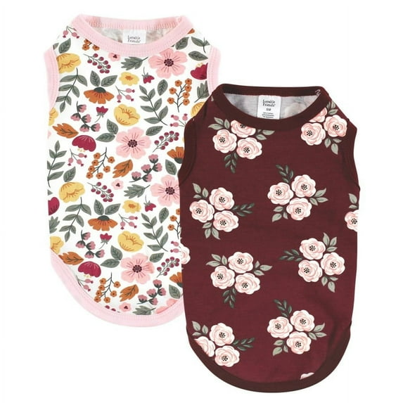 Luvable Friends Dog Pet Dog and Cats Cotton T-Shirts 2pk, Burgundy Floral Botanical, Large