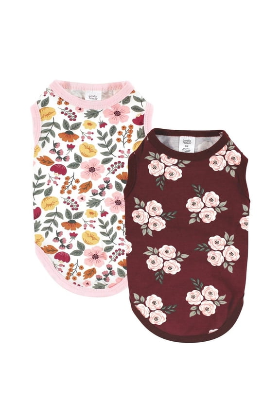 Dog Pet Dog and Cats Cotton T-Shirts 2pk, Burgundy Floral Botanical, Small