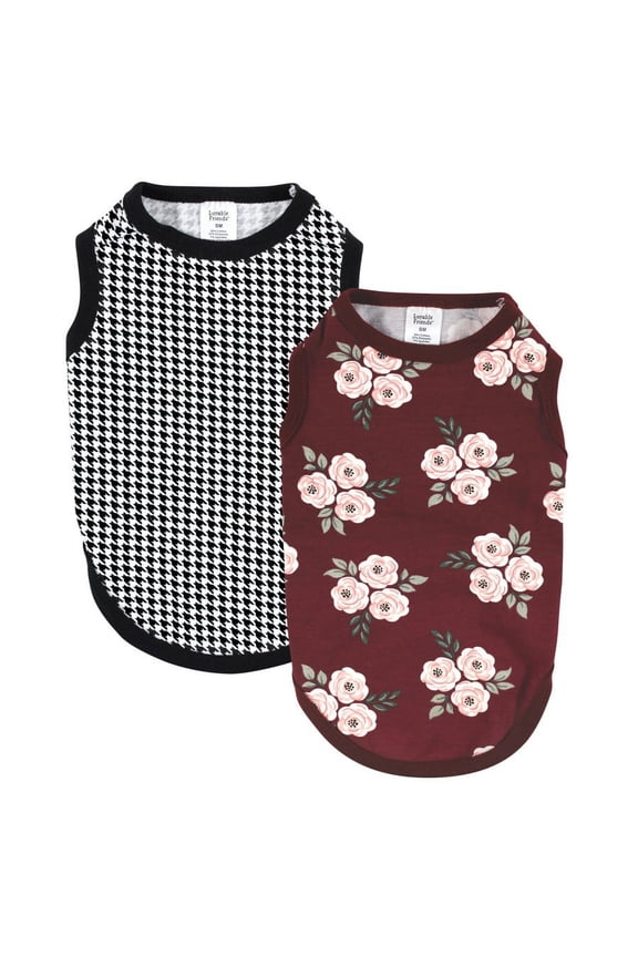 Dog Pet Dog and Cats Cotton T-Shirts 2pk, Burgundy Floral Houndstooth, Small
