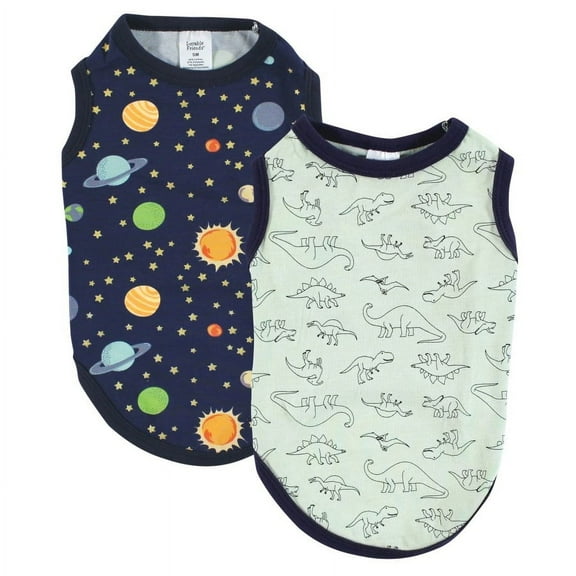 Luvable Friends Dog Pet Dog and Cats Cotton T-Shirts 2pk, Dino Space, Medium