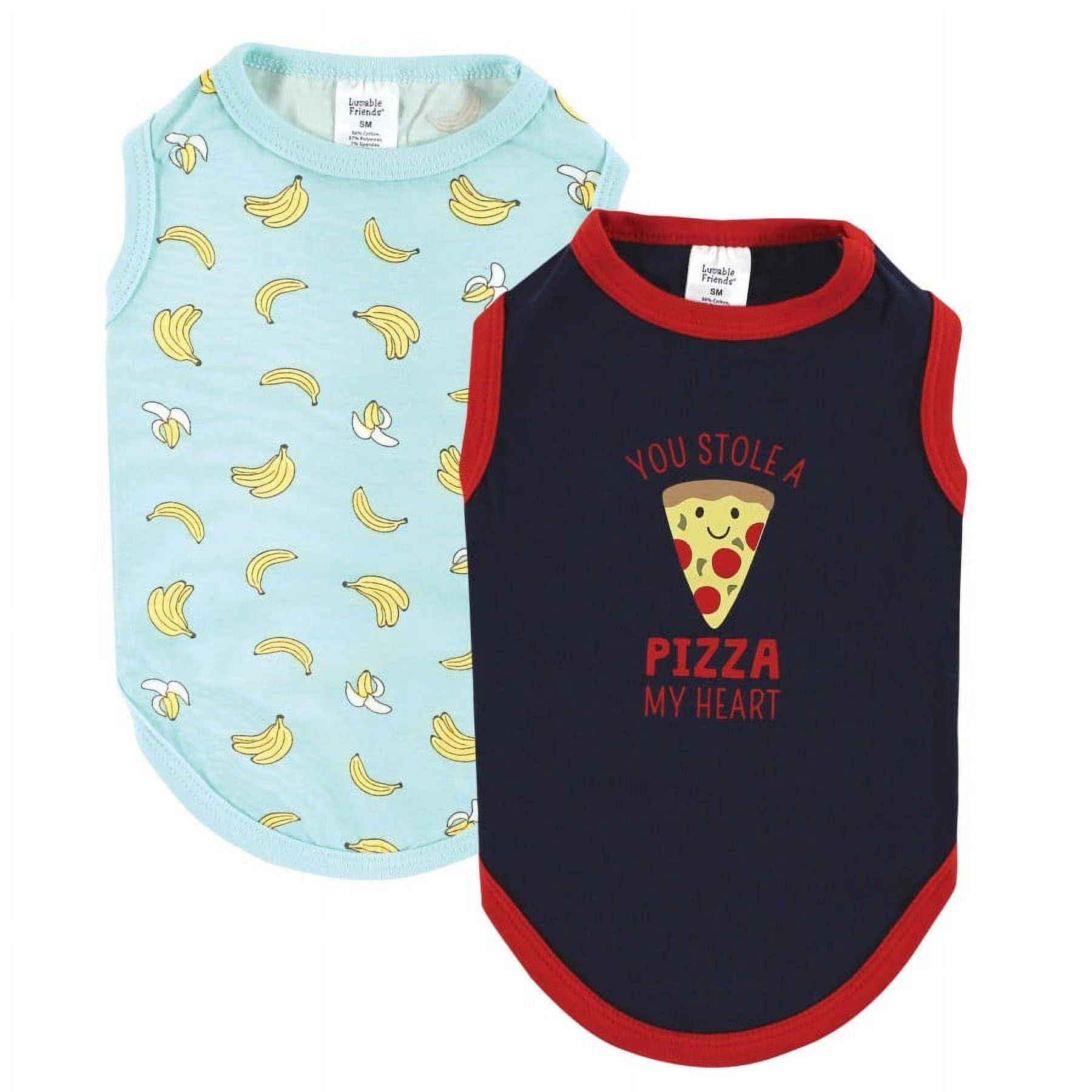 Luvable Friends Dog Pet Dog and Cats Cotton T-Shirts 2pk, Pizza Bananas, Large