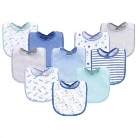 Luvable Friends Elephant Stars Baby Boy Machine Washable and Absorbent Cotton Baby Bib, 10 Pack