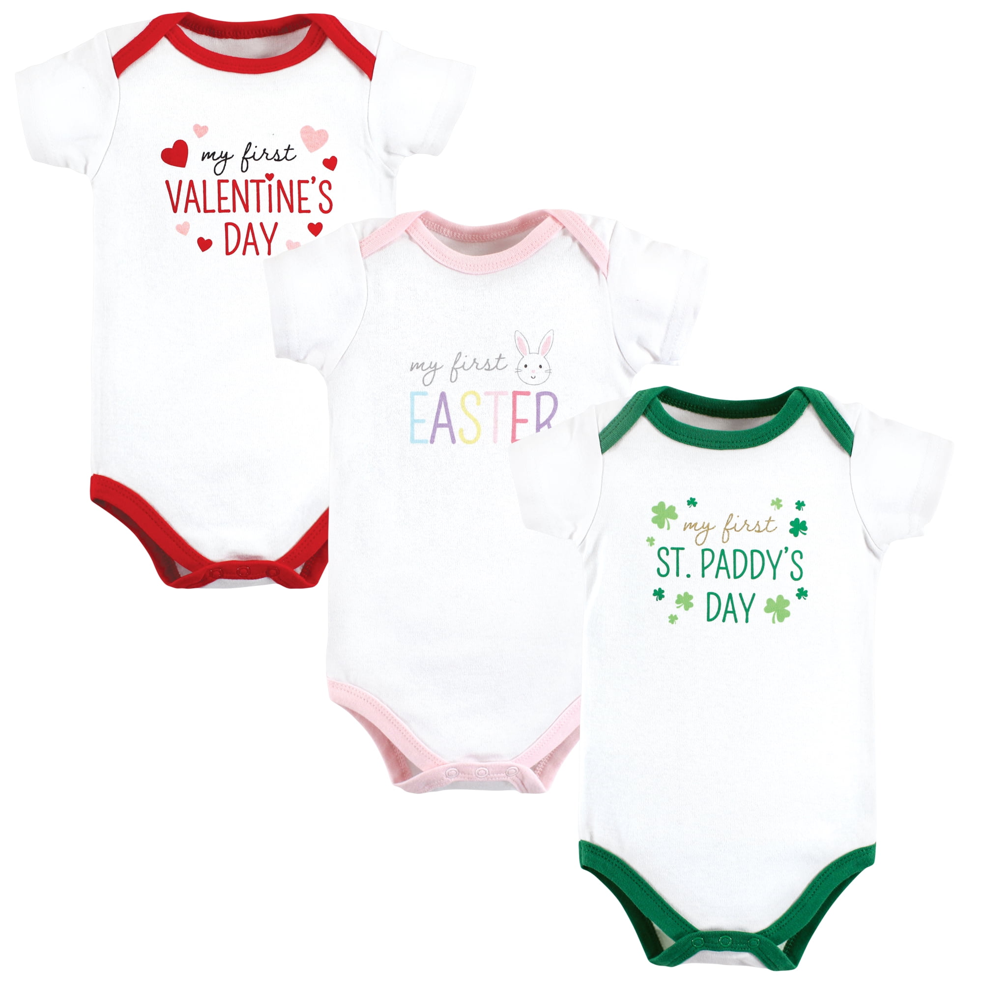 Luvable Friends Hudson Baby Bodysuits 3pk, Girl Valentine Easter, 6-9M