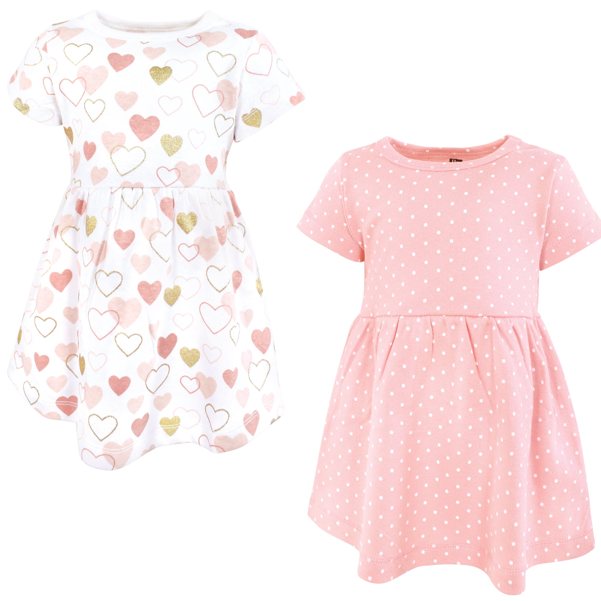 Luvable Friends Hudson Baby Dresses 2pk, Pink Gold Heart Pattern, 3-6M