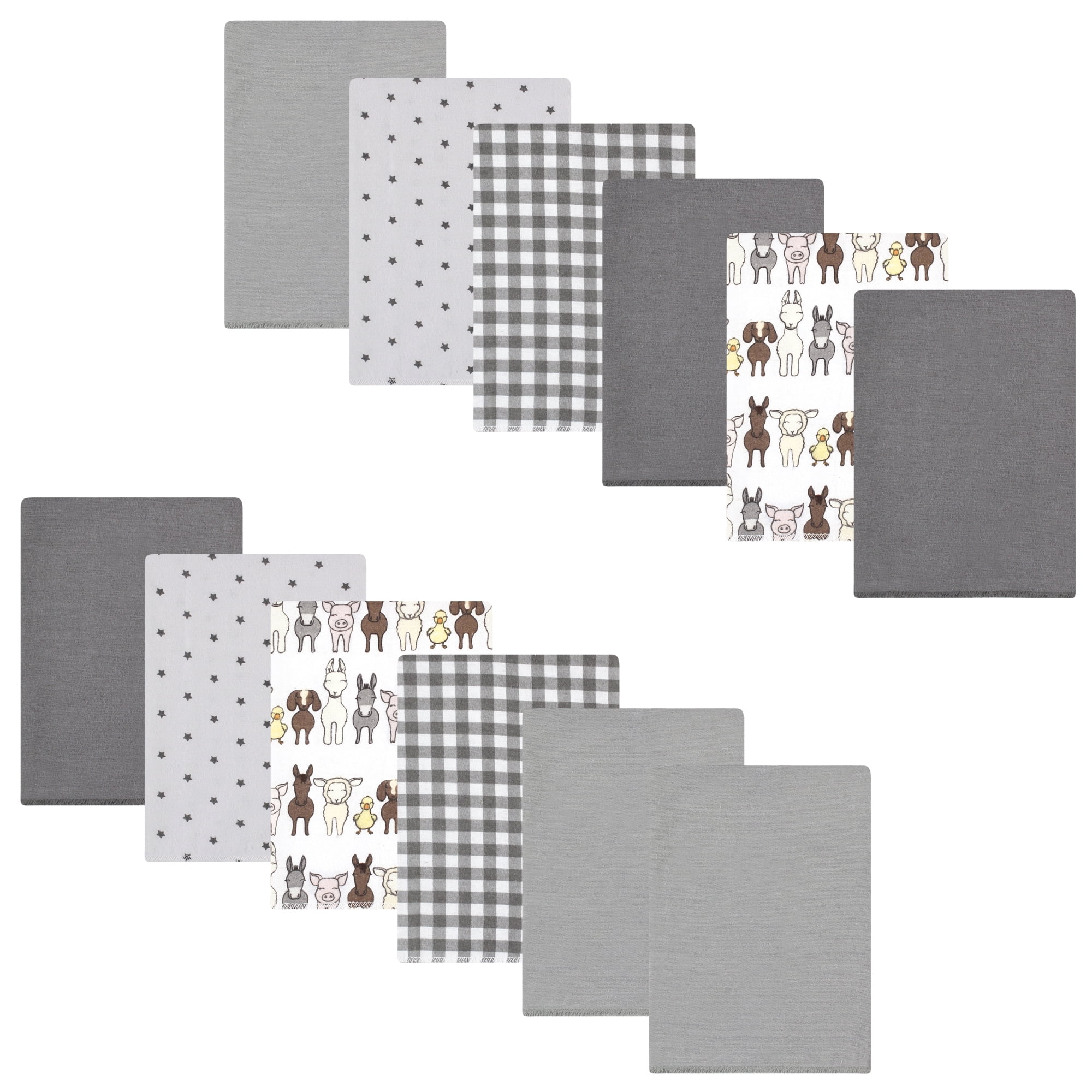 Luvable Friends Hudson Baby Flannel Burp Cloths 12pk, Farm Pals Gray