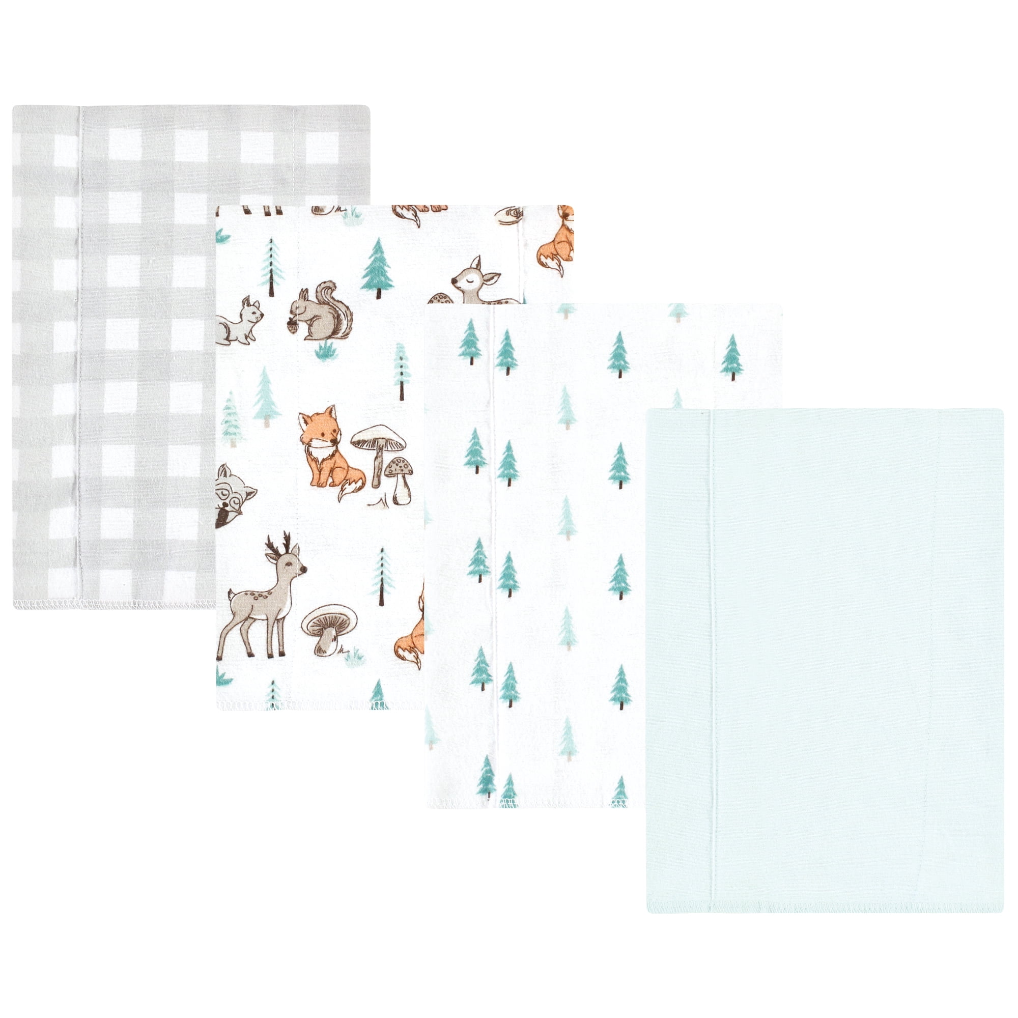 Luvable Friends Hudson Baby Cotton Poly Flannel Burp Cloths 4pk, Forest Animal Friends, One Size