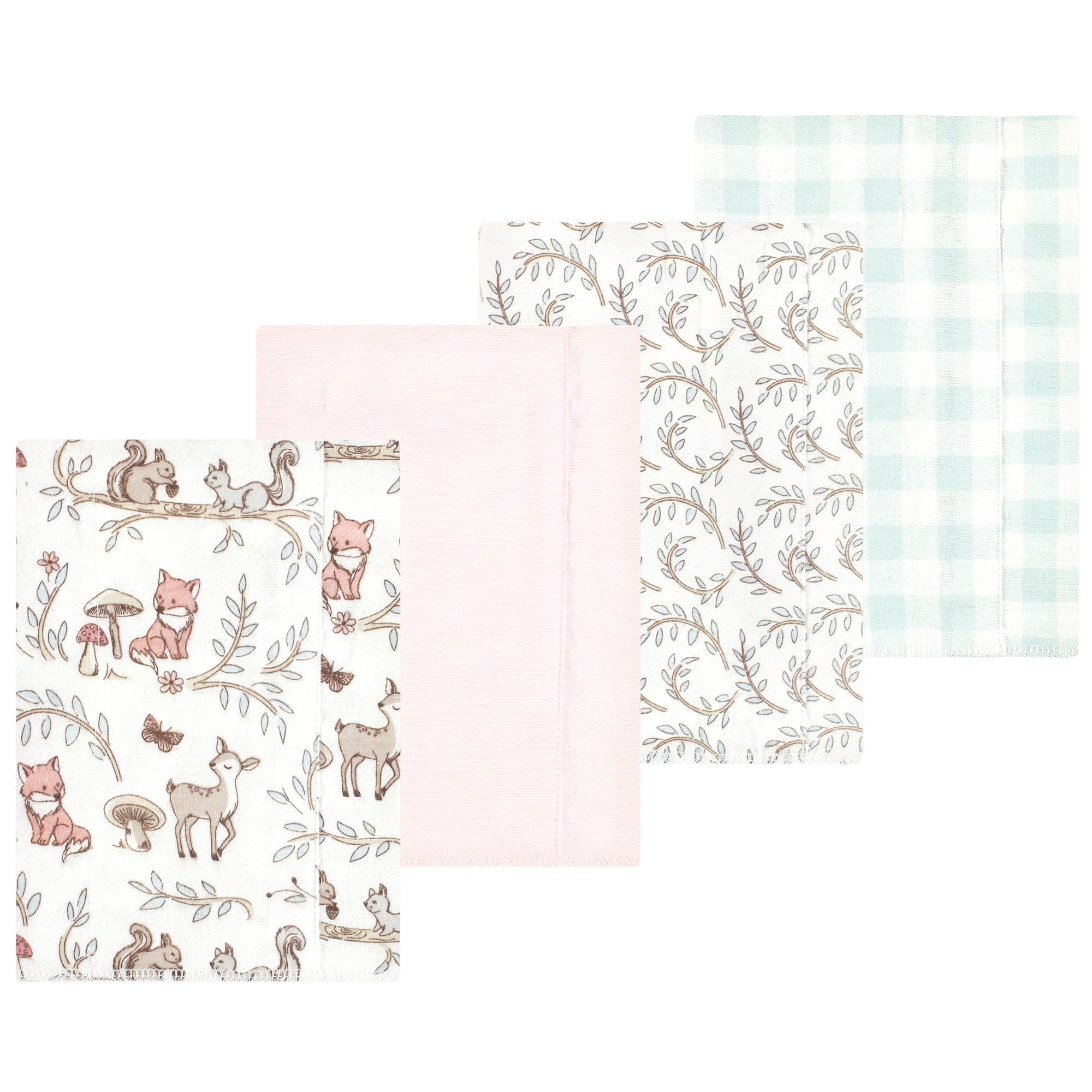 Luvable Friends Hudson Baby Cotton Poly Flannel Burp Cloths 4pk, Pink Forest Friends, One Size