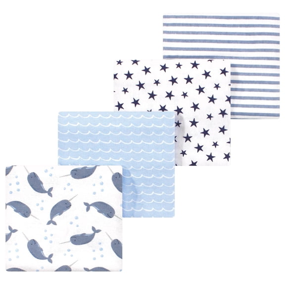Luvable Friends Hudson Baby Cotton Poly Flannel Receiving Blankets 4pk, Blue Narwhal, One Size