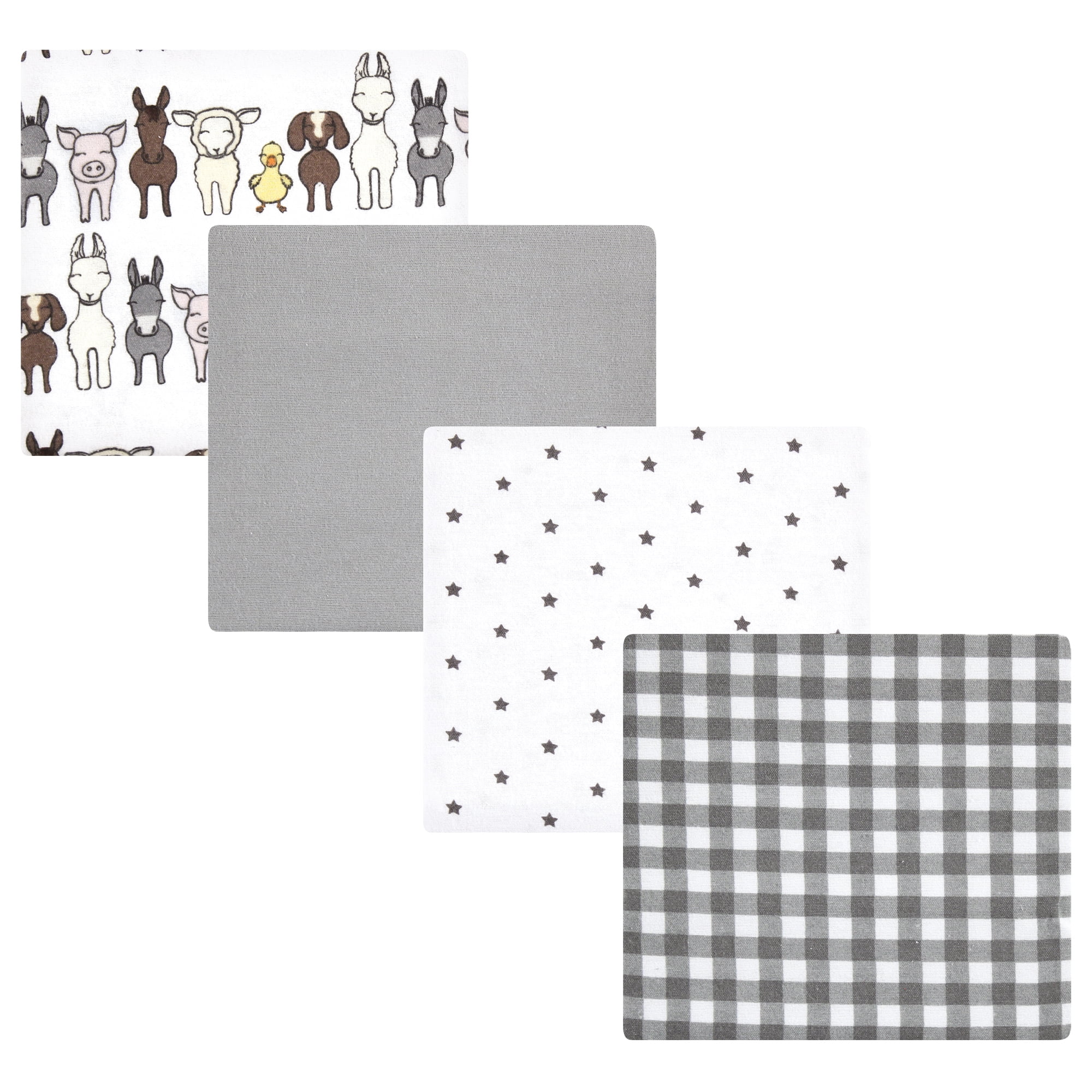 Luvable Friends Hudson Baby Flannel Receiving Blankets 4pk, Farm Pals Gray