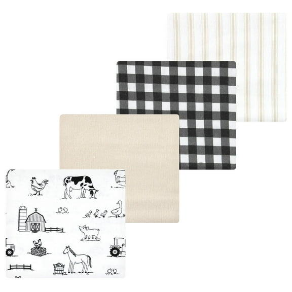 Luvable Friends Hudson Baby Flannel Receiving Blankets 4pk, Neutral Farm Animals