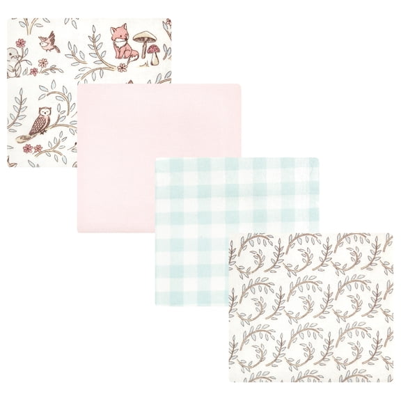 Luvable Friends Hudson Baby Cotton Poly Flannel Receiving Blankets 4pk, Pink Forest Friends, One Size