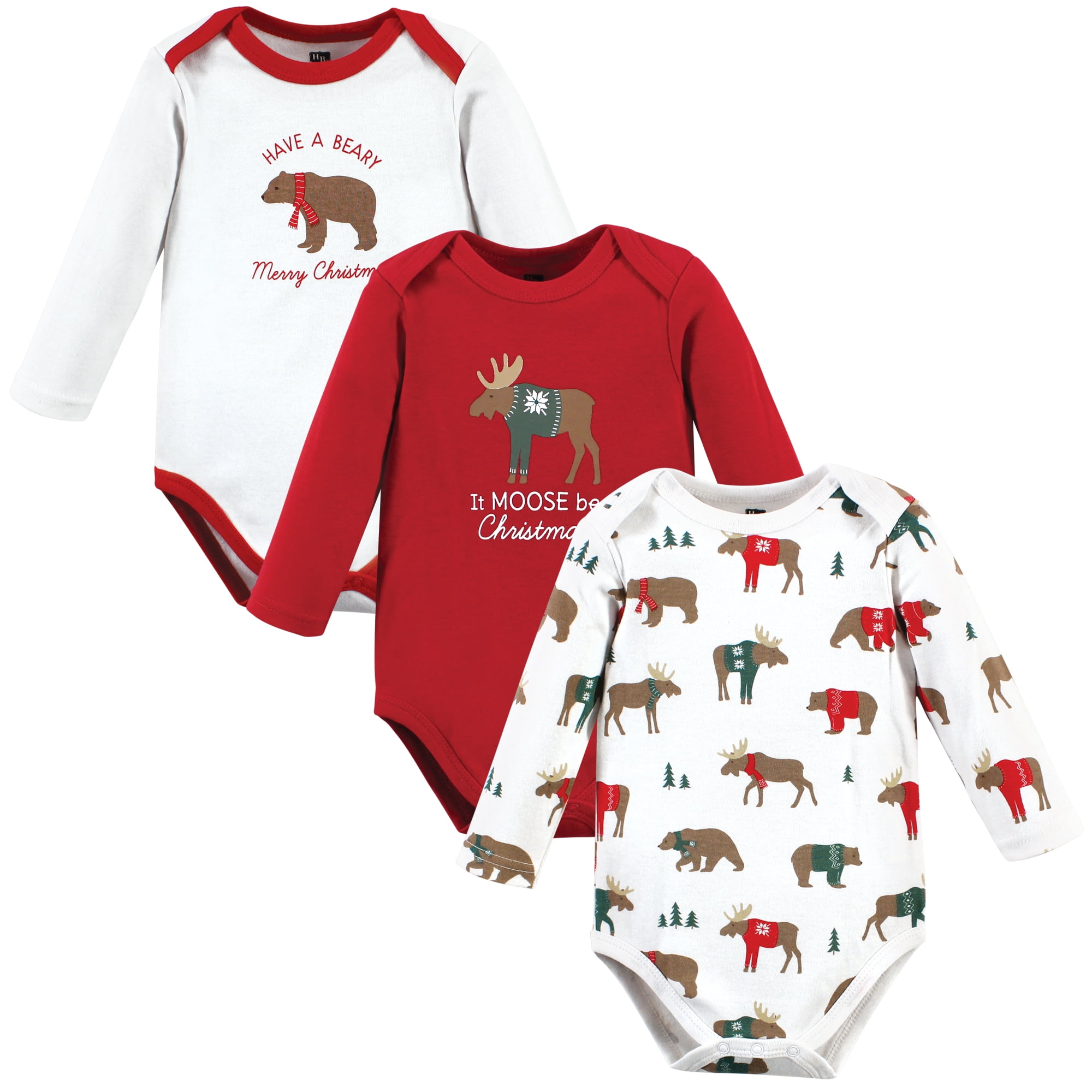 Luvable Friends Hudson Baby Long-Sleeve Bodysuits 3pk, Festive Moose, 0-3M