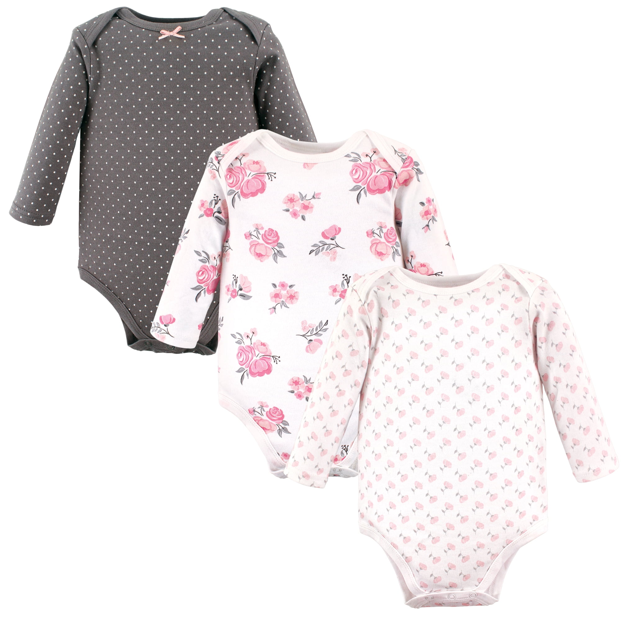 Luvable Friends Hudson Baby Long-Sleeve Bodysuits 3pk, Pink Bloom Pattern, 6-9M