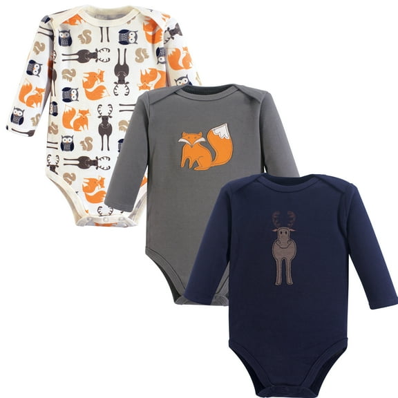 Luvable Friends Hudson Baby Long-Sleeve Bodysuits 3pk, Woodland Gray, 9-12M