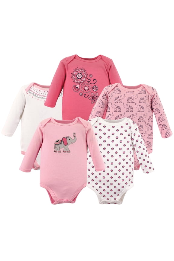 Hudson Baby Long-Sleeve Bodysuits 5pk, Boho Elephant Print, 0-3M