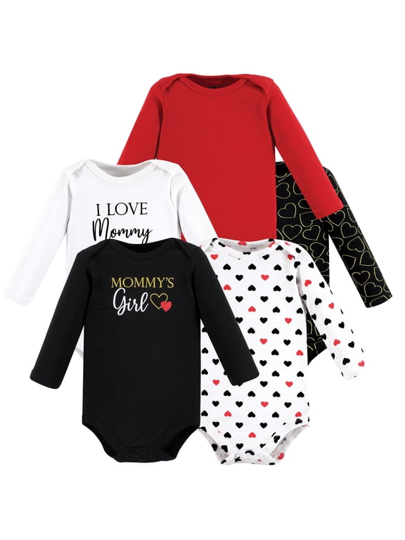 Hudson Baby Long-Sleeve Bodysuits 5pk, Girl Mom Red and Black, Preemie