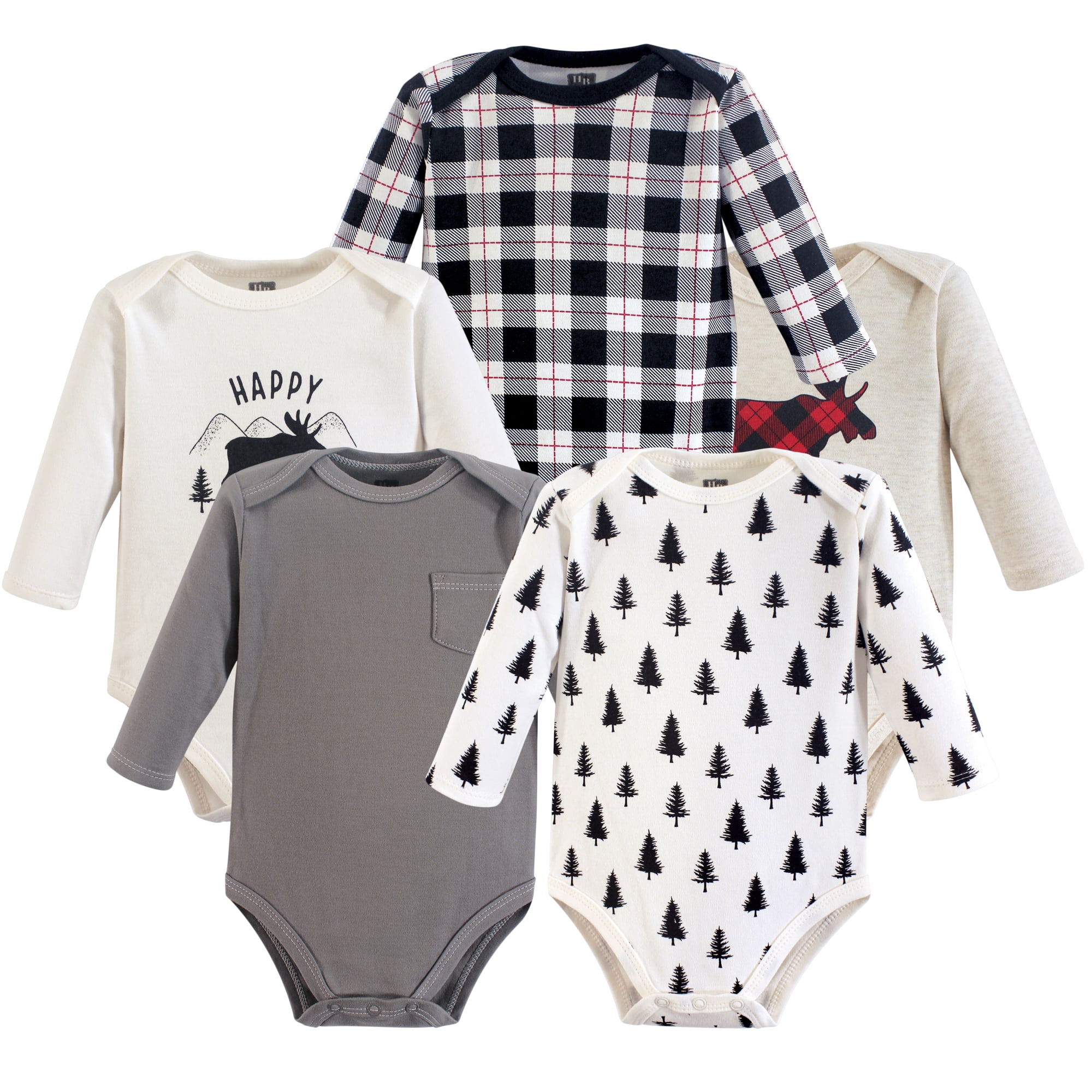 Luvable Friends Hudson Baby Long-Sleeve Bodysuits 5pk, Woodland Gray, 3-6M