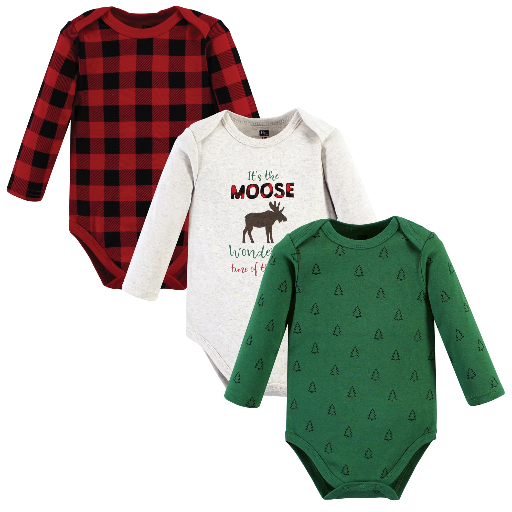 Luvable Friends Hudson Baby Long-Sleeve Bodysuits, Festive Moose Green, 0-3M