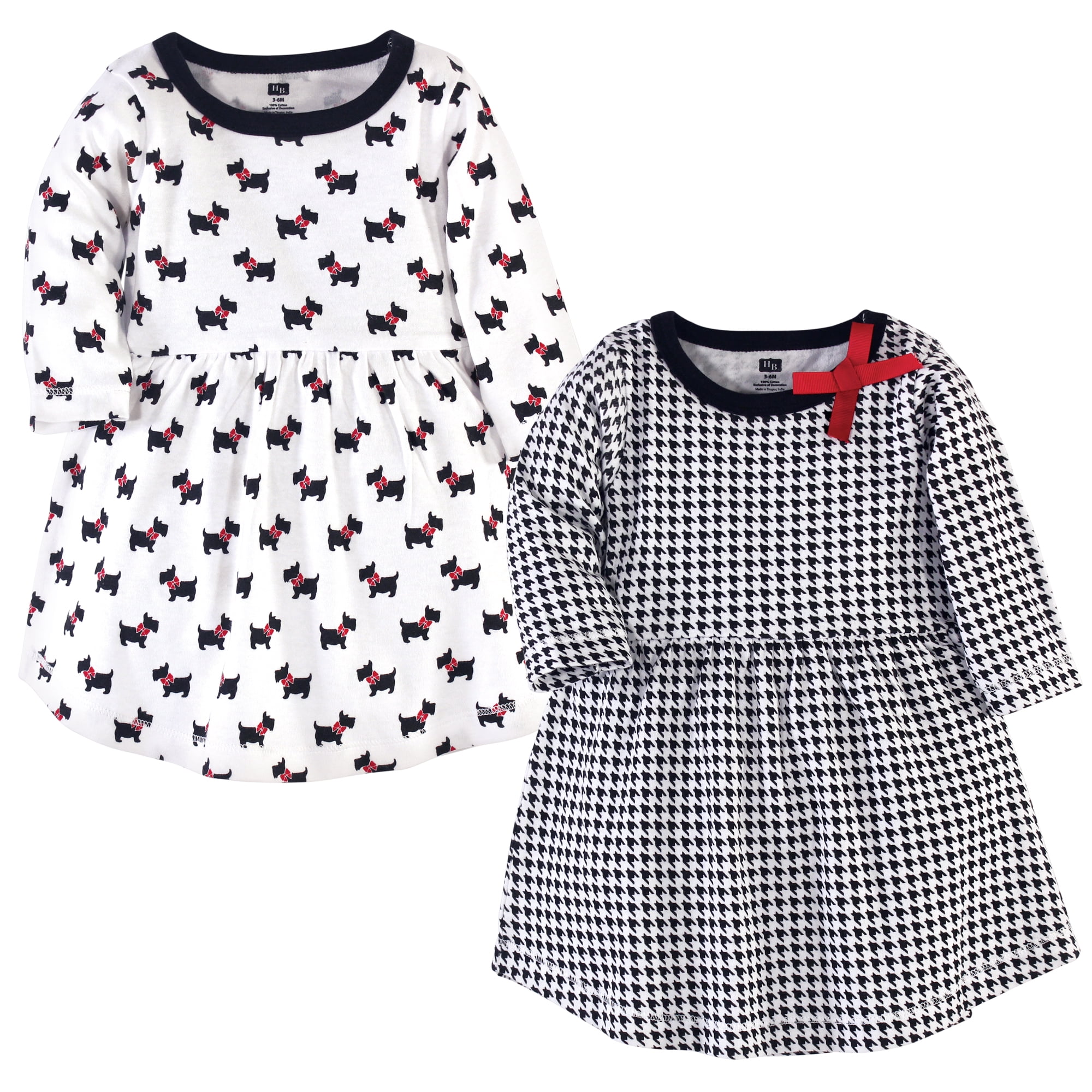 Luvable Friends Hudson Baby Long-Sleeve Dresses 2pk, Black Scottie Print, 6-9M