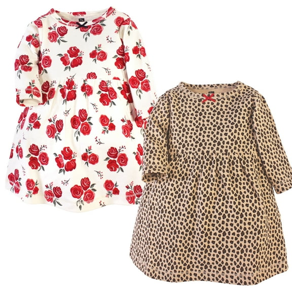Luvable Friends Hudson Baby Long-Sleeve Dresses 2pk, Blush Leopard Print, 0-3M