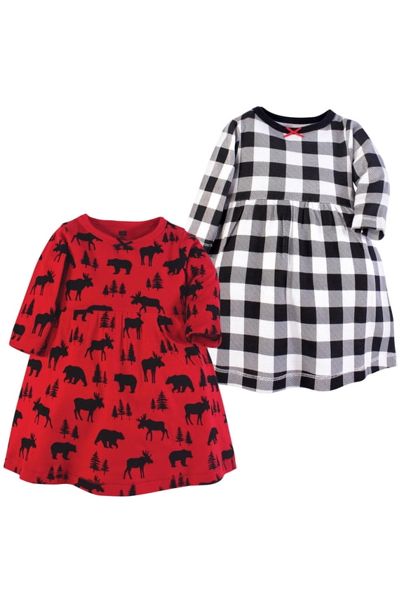 Hudson Baby Long-Sleeve Dresses 2pk, Forest Critters Red, 4T