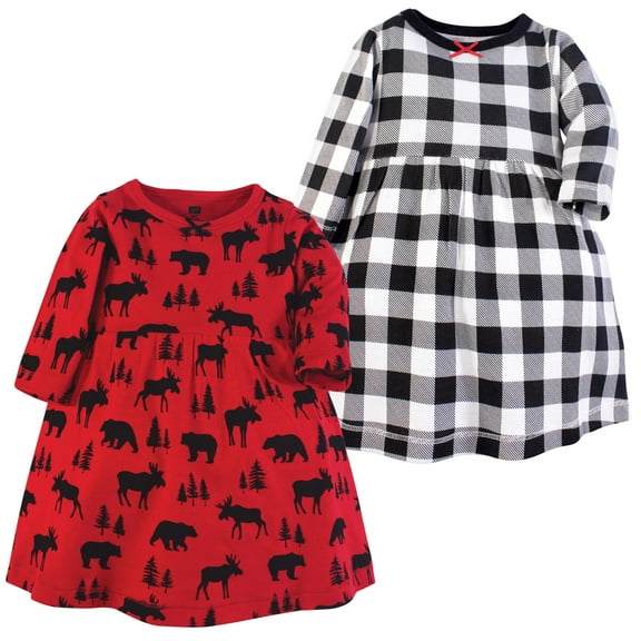 Luvable Friends Hudson Baby Long-Sleeve Dresses 2pk, Forest Critters Red, 6-9M