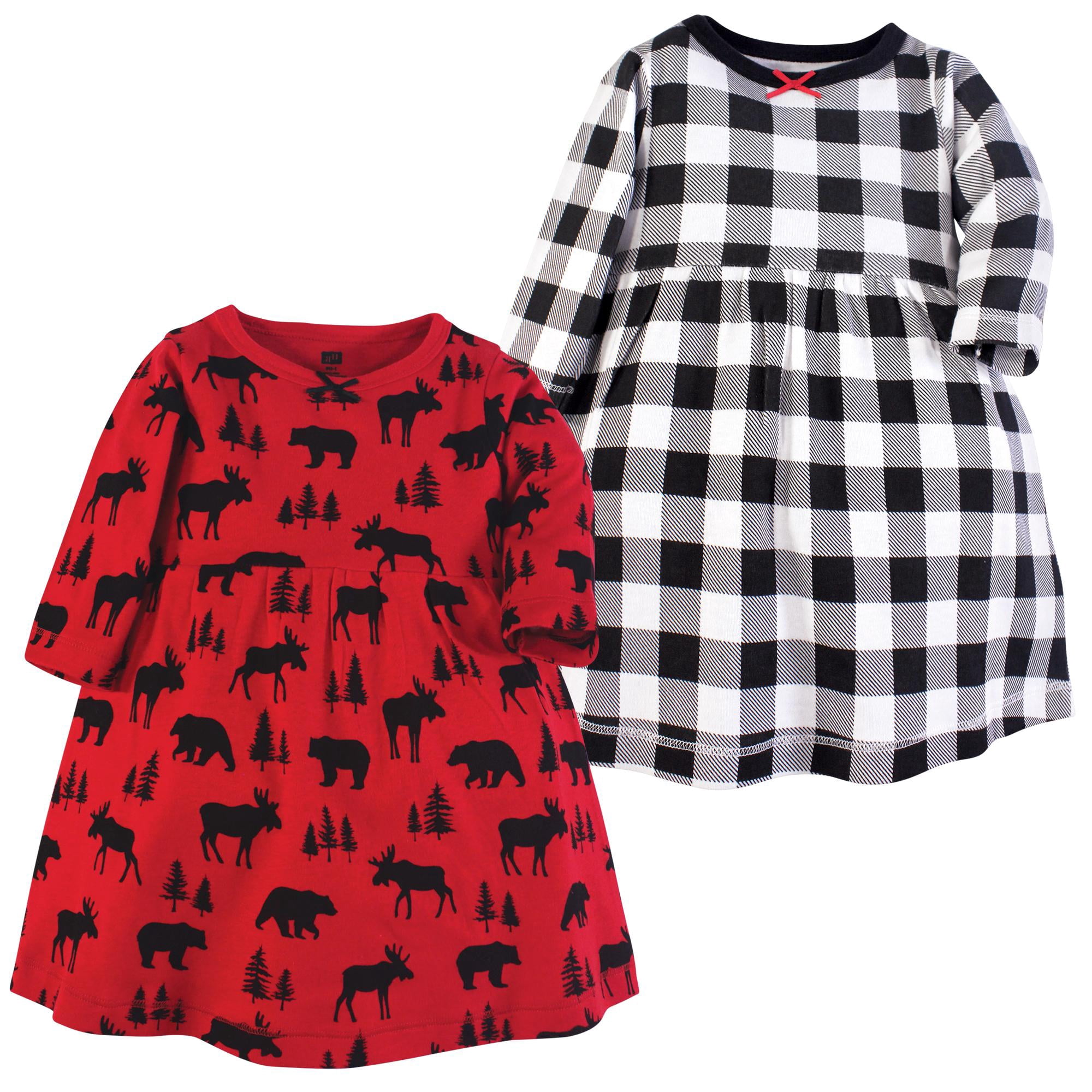 Luvable Friends Hudson Baby Long-Sleeve Dresses 2pk, Forest Critters Red, 9-12M
