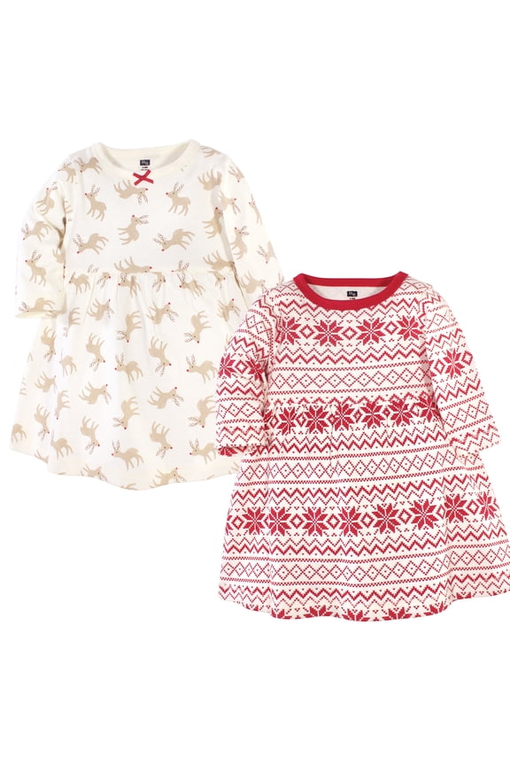 Hudson Baby Long-Sleeve Dresses 2pk, Holiday Deer, 2T