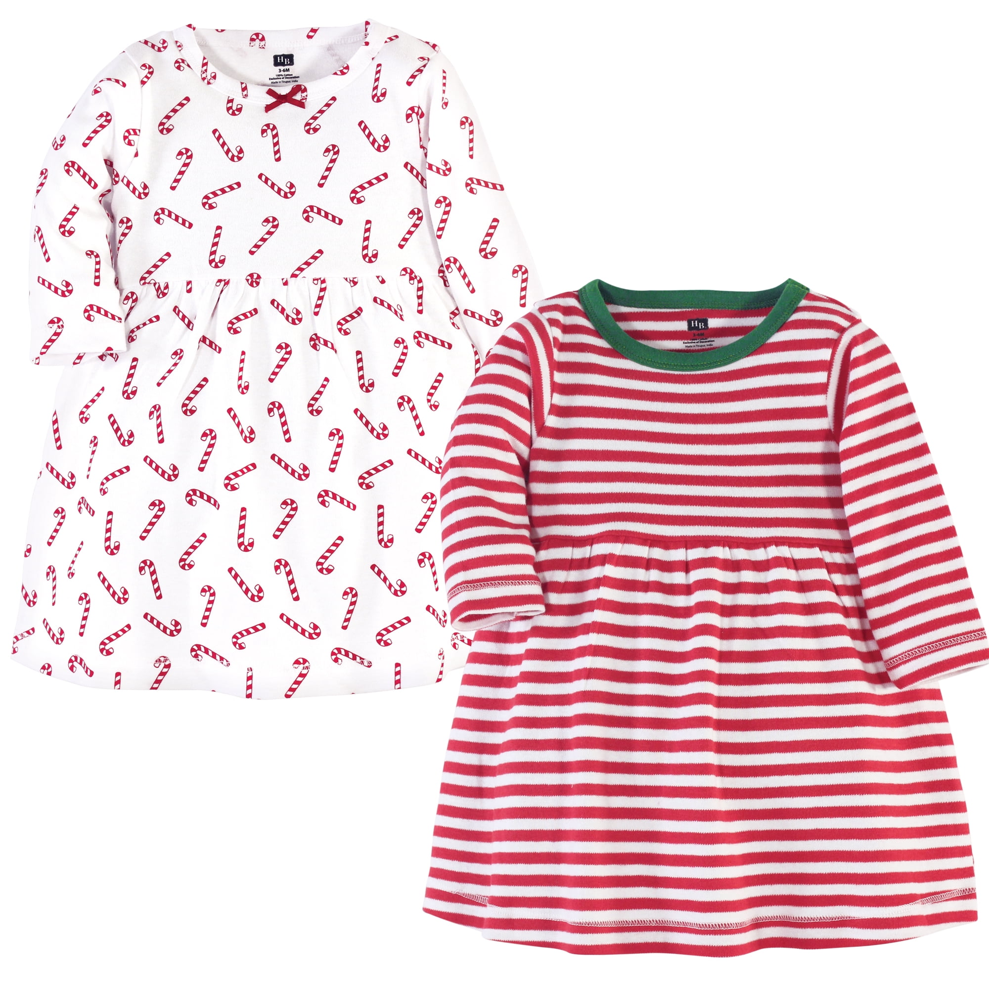 Luvable Friends Hudson Baby Long-Sleeve Dresses 2pk, Holiday Stripe, 9-12M