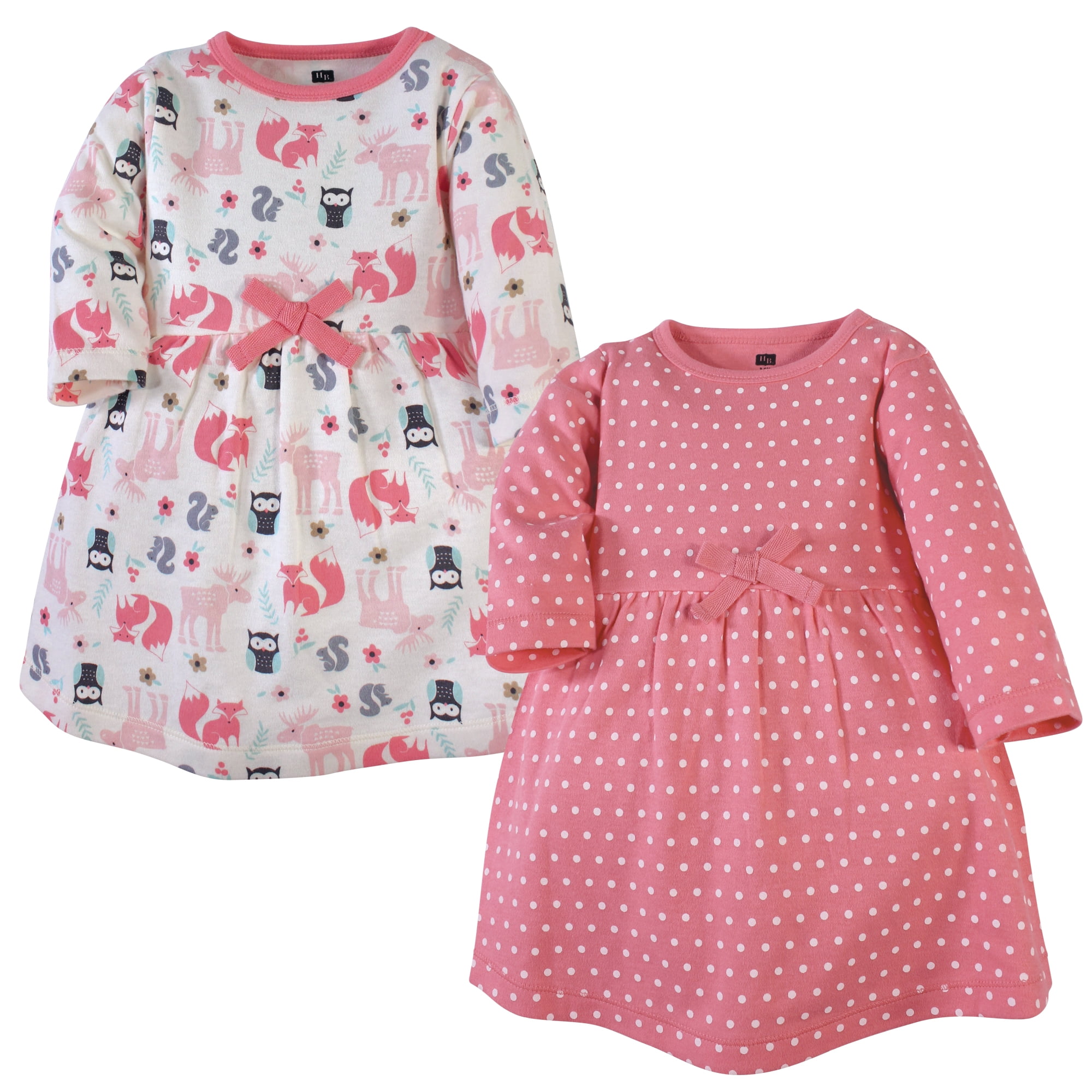 Luvable Friends Hudson Baby Long-Sleeve Dresses 2pk, Pink Woodland, 2T