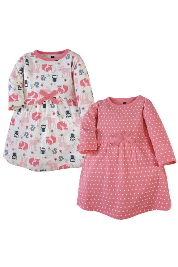 Hudson Baby Long-Sleeve Dresses 2pk, Pink Woodland, 6-9M