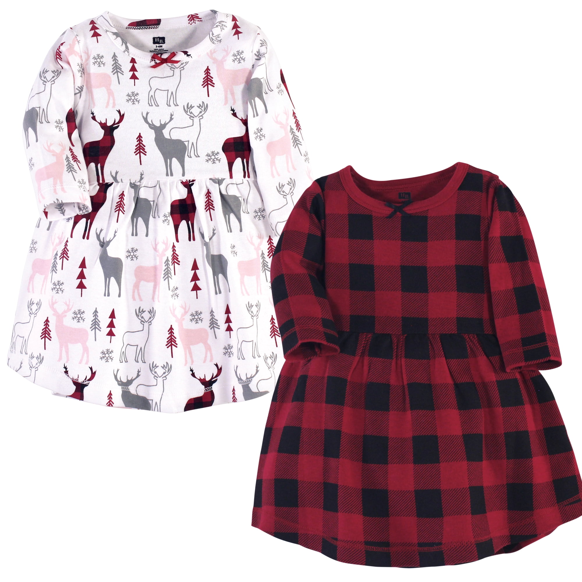 Luvable Friends Hudson Baby Long-Sleeve Dresses 2pk, Woodland Fawn Red, 0-3M