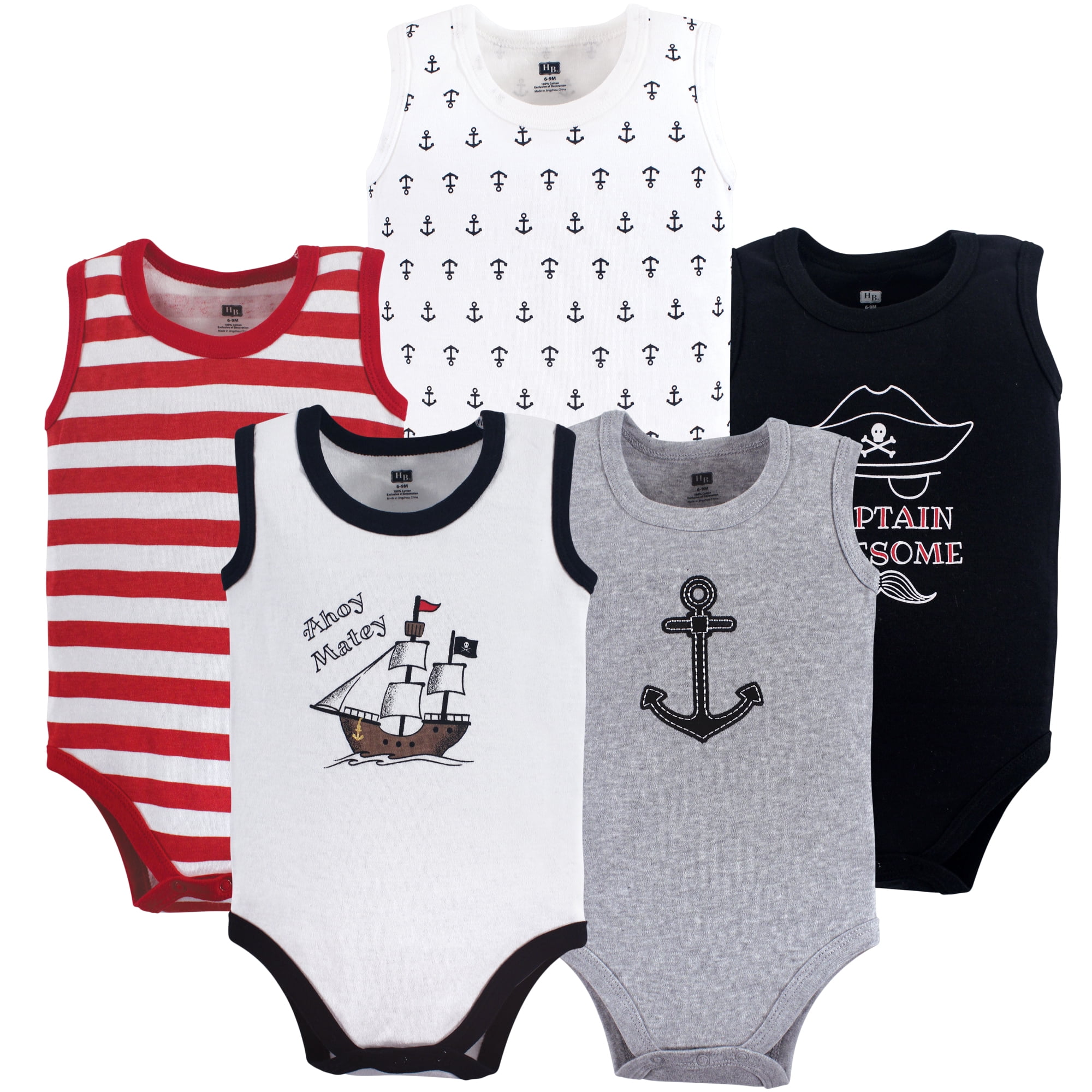 Luvable Friends Hudson Baby Sleeveless Bodysuits 5pk, Pirate Anchor, 0-3M